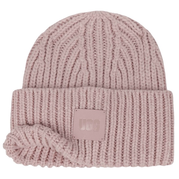 UGG Accessories - UGG Chunky Knit Beanie Women's in Mauve Pink, Fold Over Cuff w Logo Patch Hat
